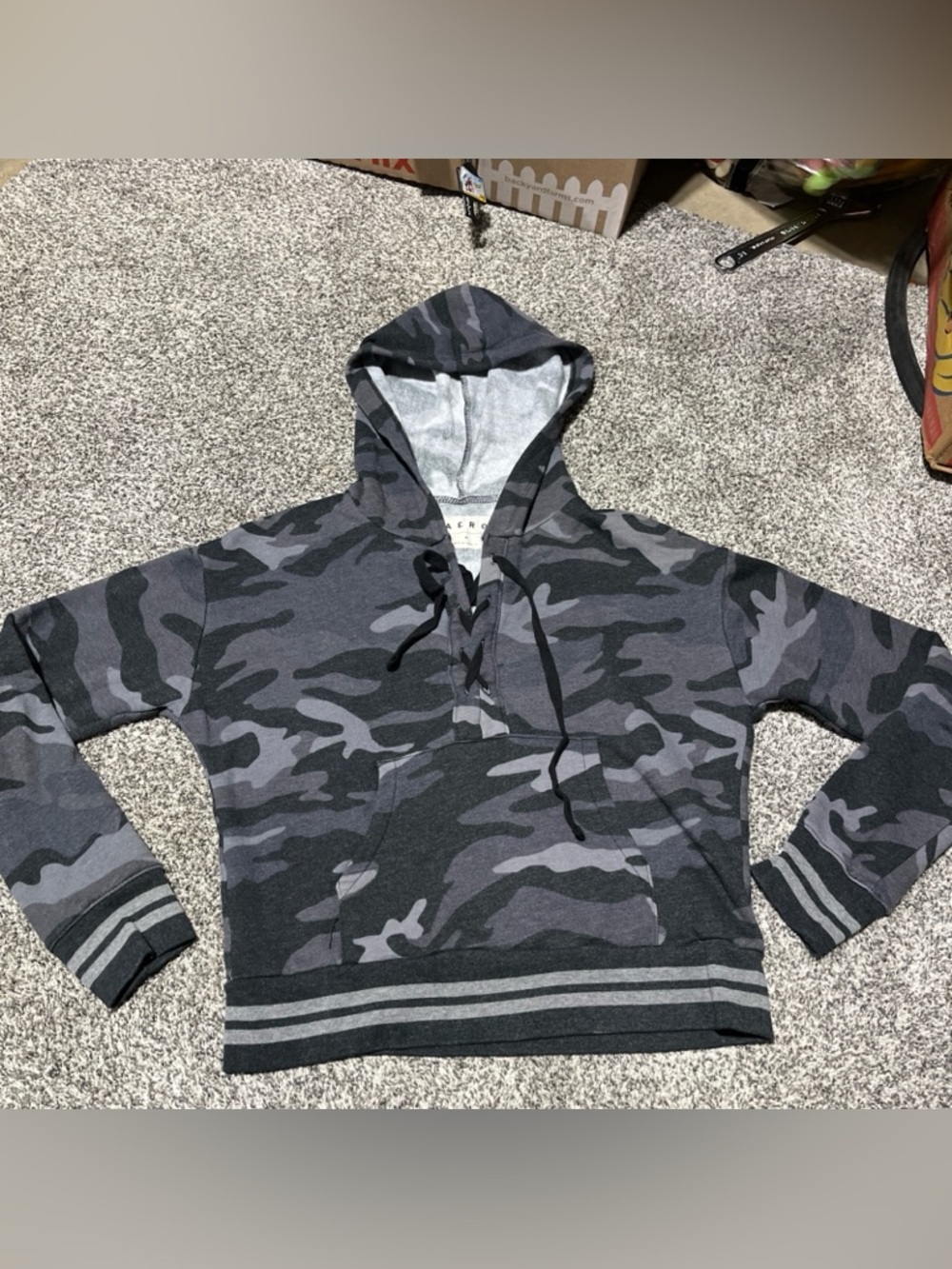 American Eagle AERO Women's Hooded Sweat Shirt Hoodie Gray Camouflage Size M